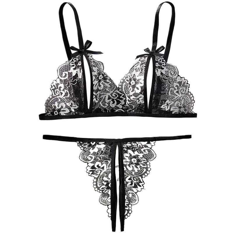 Lace Bralette Set - Schwarz Hot Ouvert Sexy Frauen Spitze