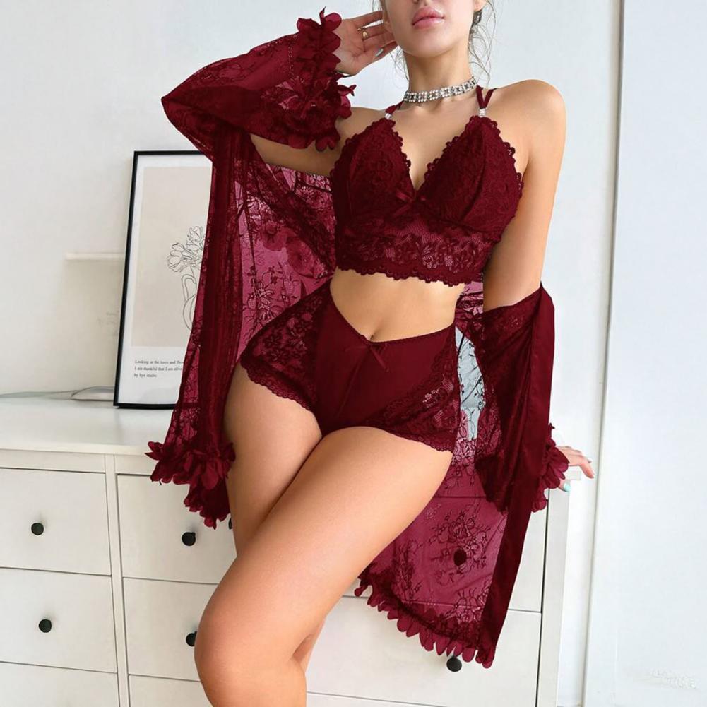 Sheer Mesh Bra - Sexy Durchsichtiges Mesh-Schlafanzug-Set, Damen Spitzen-Kimono-Robe mit